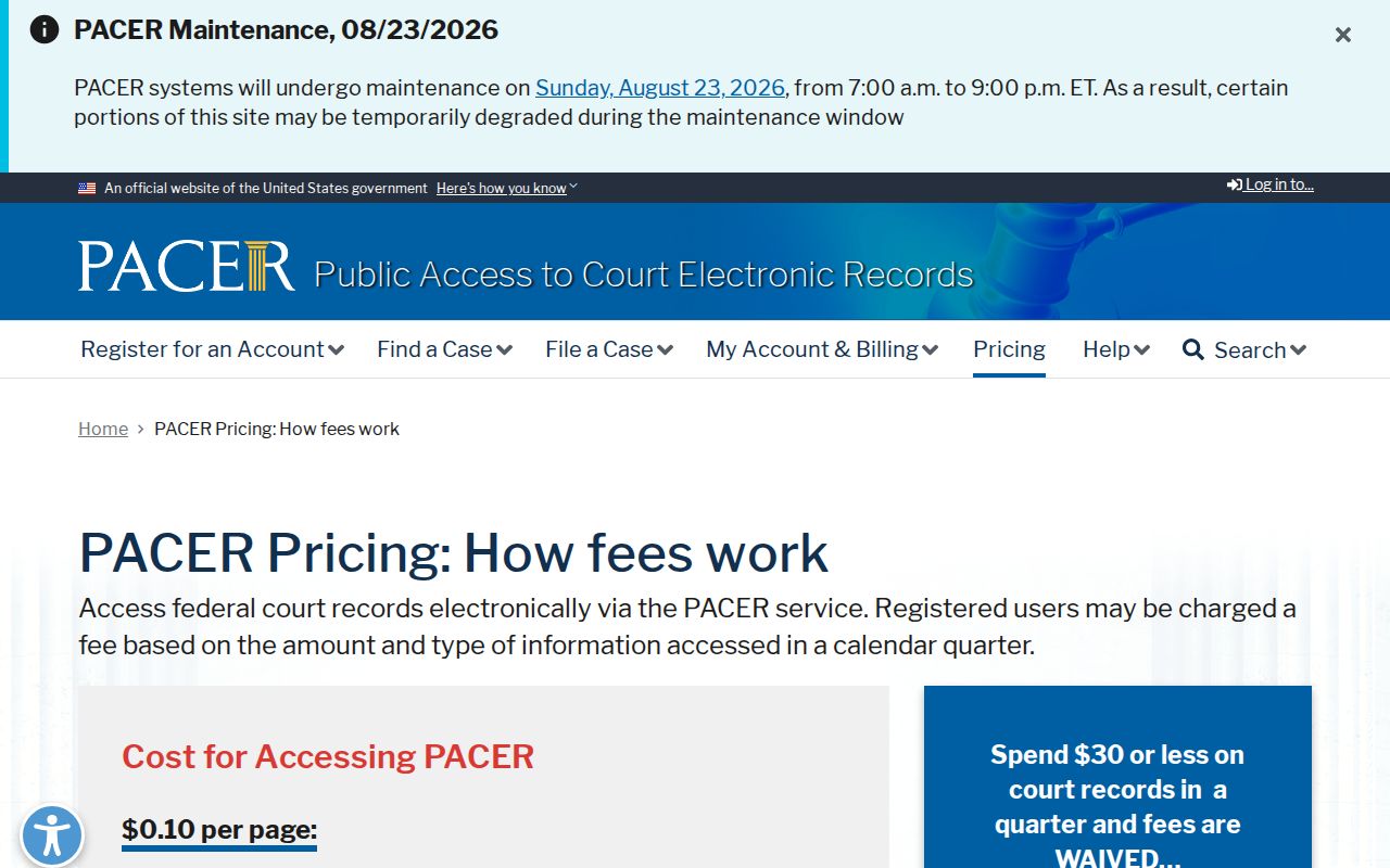 PACER pricing page for Brooksburg federal docket access