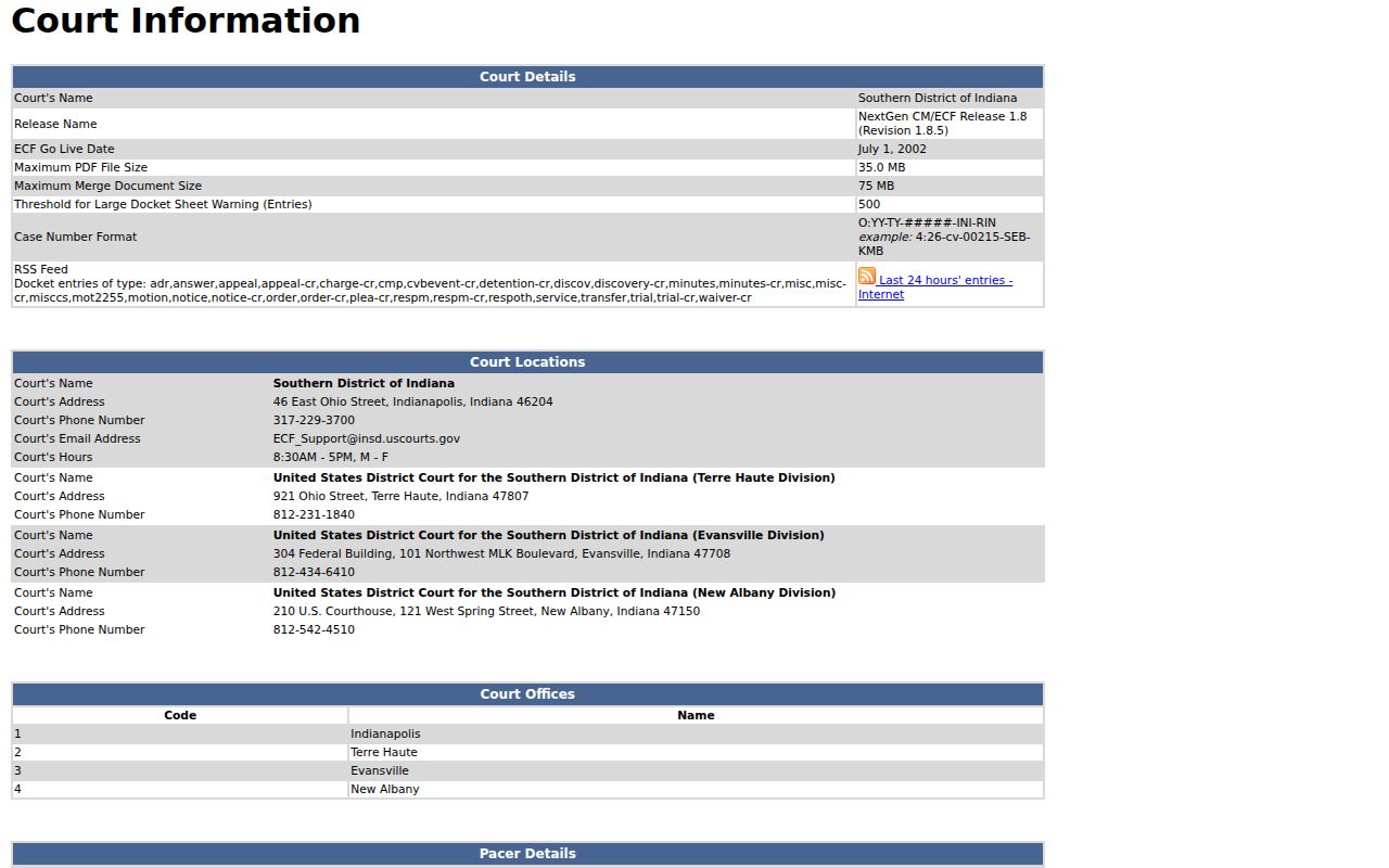 Southern District CM ECF docket information for Brooksburg federal matters