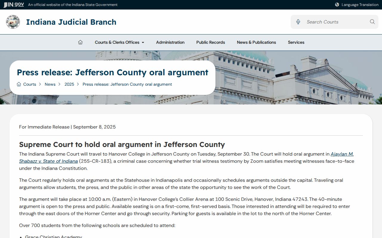 Jefferson County court calendar Hanover traveling oral argument