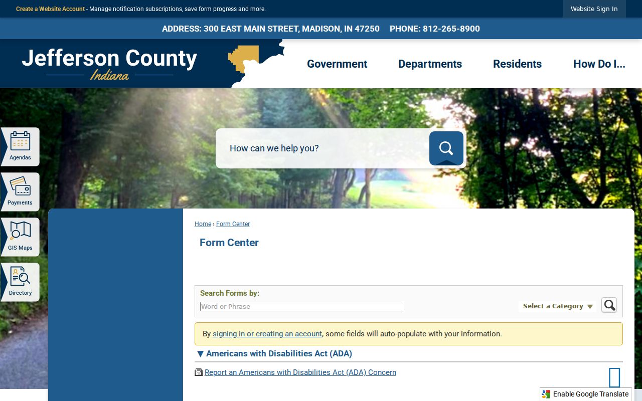 Jefferson County form center used for Dupont record request routing